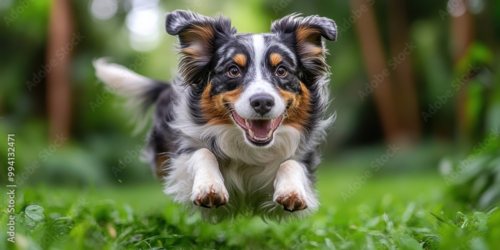 A happy Australian Shepherd puppy leaps through the air with its tongue out and a wide smile on its face, a joyful expression of canine energy and exuberance A happy Australian Shepherd puppy leaps through the air with its tongue out and a wide smile on its face, a joyful expression of canine energy and exuberance