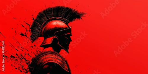 A striking illustration of a Spartan warrior in profile, set against a bold red background, emphasizing strength and determination. photo