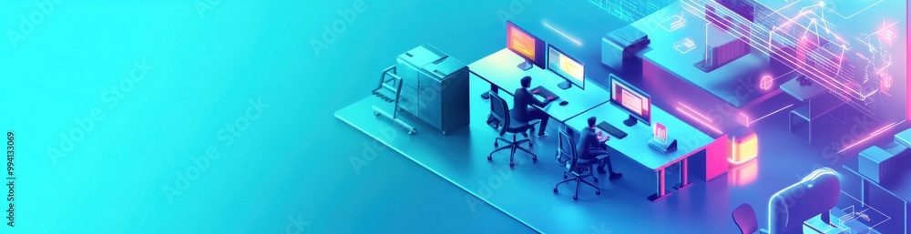 A digital workspace featuring computers, desks, and a printer in a modern office setting. A digital workspace featuring computers, desks, and a printer in a modern office setting.