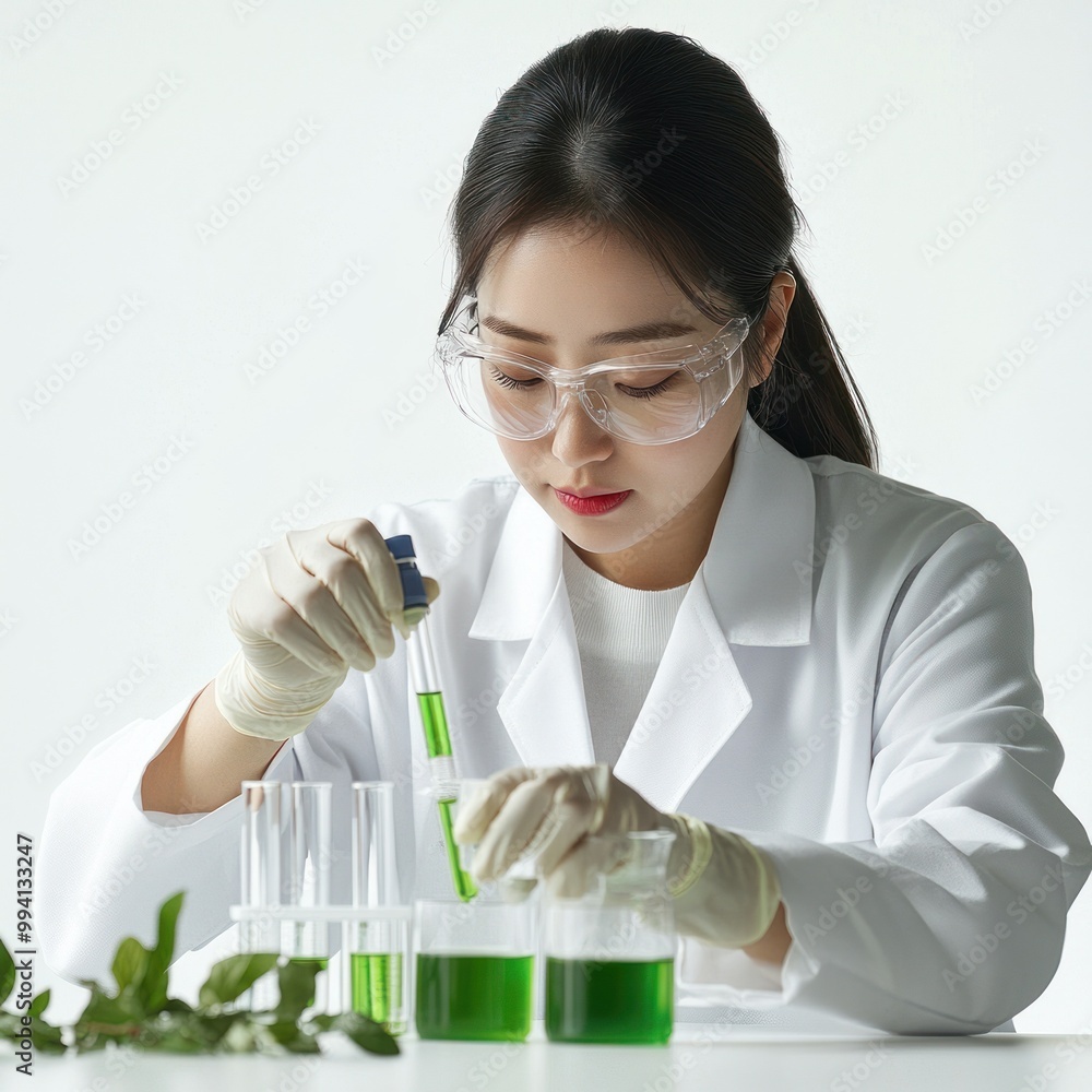 Scientist examining green liquid amidst plants Scientist examining green liquid amidst plants