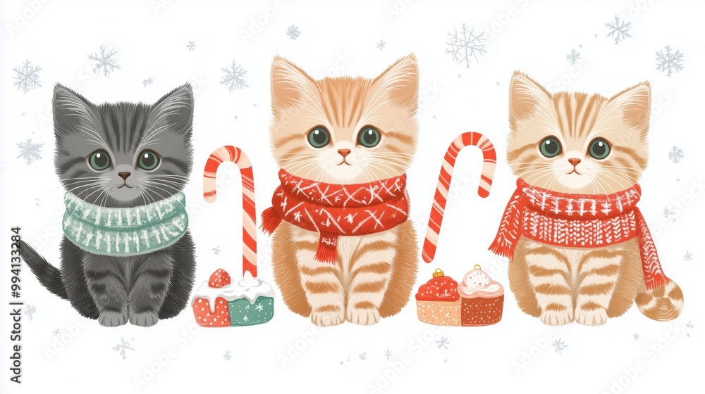 Adorable Trio of Kittens in Winter Scarves with Candy Canes and Festive Desserts on a Snowflake Background Adorable Trio of Kittens in Winter Scarves with Candy Canes and Festive Desserts on a Snowflake Background
