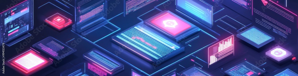 A digital landscape featuring screens and data visualizations in vibrant colors. A digital landscape featuring screens and data visualizations in vibrant colors.