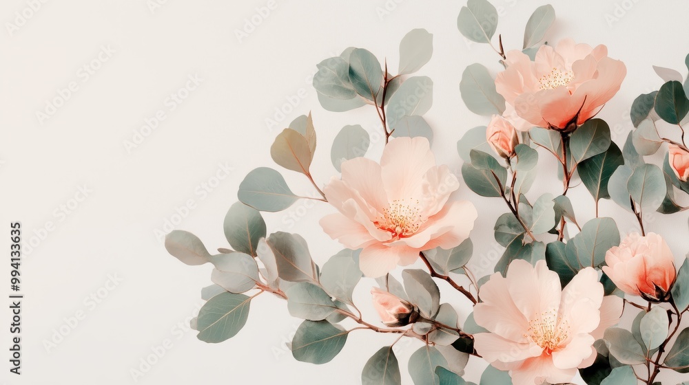 Elegant Floral Arrangement with Pink Blossoms and Green Leaves on a Soft White Background - Perfect for Spring and Nature-Themed Designs, Invitations, and Home Decor