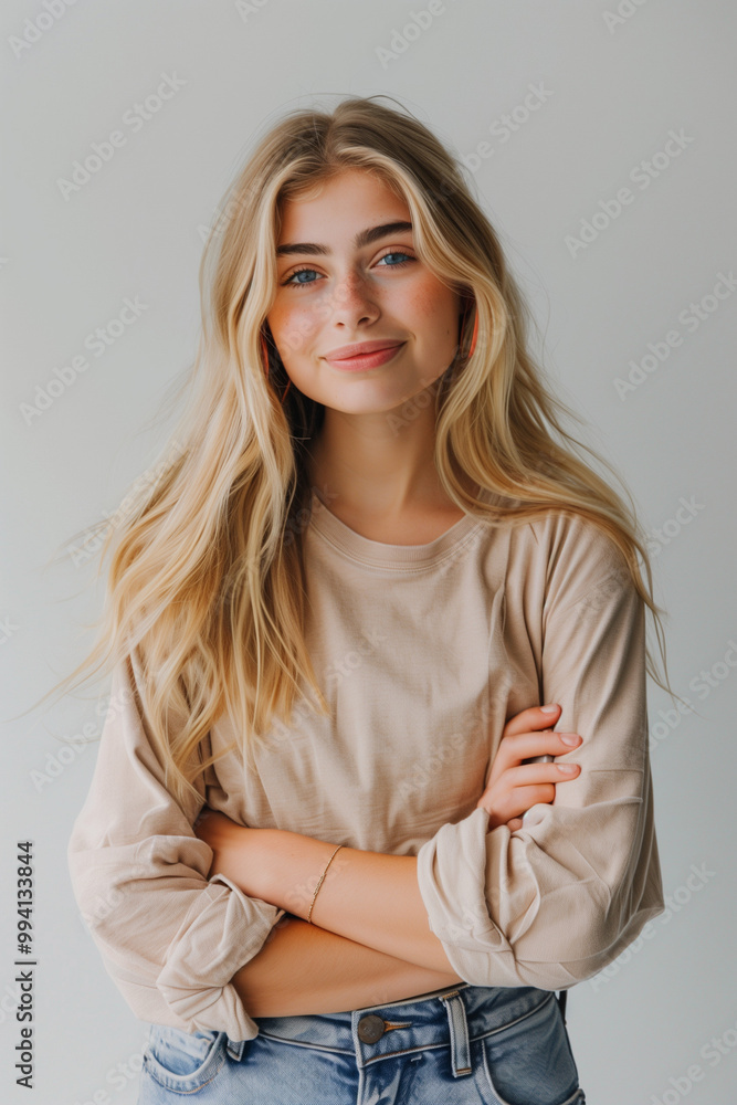 Smiling blonde teen girl posing in casual dress, studio portrait Smiling blonde teen girl posing in casual dress, studio portrait