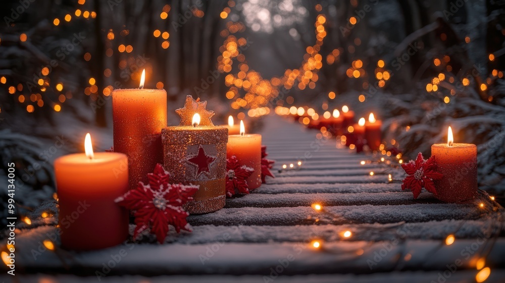 A line of lit candles with red and gold decorations on a snow-covered pathway in a winter forest illuminated by twinkling fairy lights A line of lit candles with red and gold decorations on a snow-covered pathway in a winter forest illuminated by twinkling fairy lights