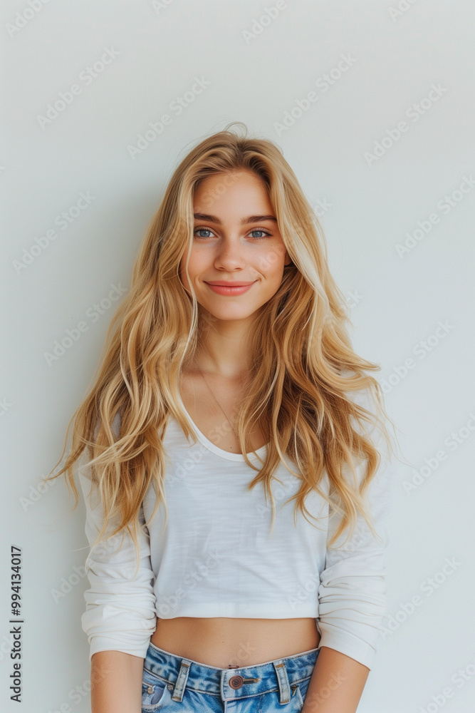Closeup portrait of a smiling blonde teen girl with long hair, wearing a cute dress, posing in a studio Closeup portrait of a smiling blonde teen girl with long hair, wearing a cute dress, posing in a studio