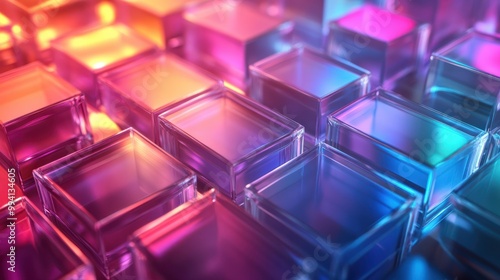 Abstract 3d background wallpaper with glass squares with colorful light emitter iridescent neon holographic gradient. Design visual element for banner header poster or cover.