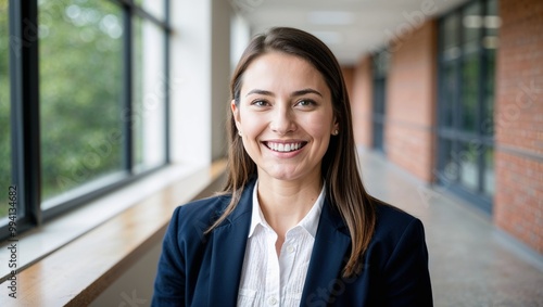 young beautiful woman smiling happy standing in the city.