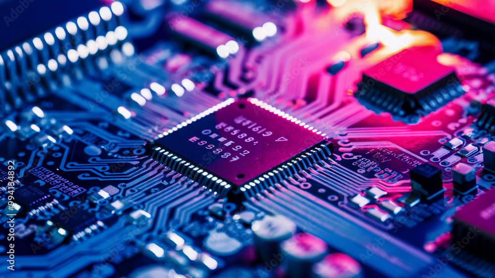 A close-up view of an electronic circuit board. Prominent features include a central microchip with visible numbers and letters, surrounded by intricate patterns of wires A close-up view of an electronic circuit board. Prominent features include a central microchip with visible numbers and letters, surrounded by intricate patterns of wires