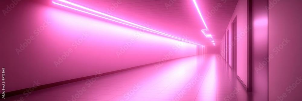 A Long Corridor with Fluorescent Pink Lighting in a Modern Building with Multiple Doors A Long Corridor with Fluorescent Pink Lighting in a Modern Building with Multiple Doors