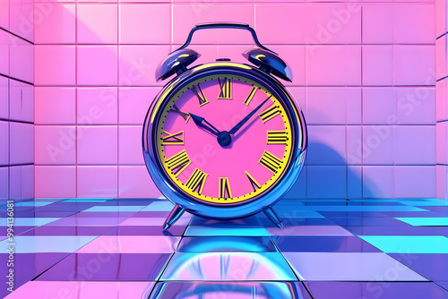 Retro Alarm Clock Rests on a Vibrant, Reflective Tile Floor in a Pink Tiled Room photo