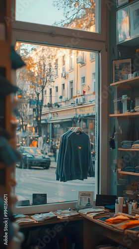 Blue Sweatshirts Hang on a Rack in a Clothing Store Window Display