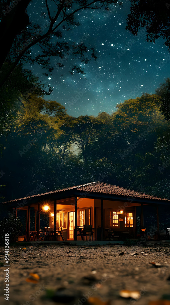 A cozy cabin glows under a magical starry night sky, inviting you to escape and unwind. A cozy cabin glows under a magical starry night sky, inviting you to escape and unwind.