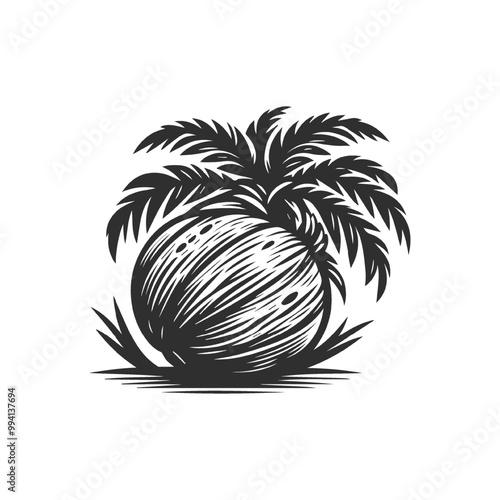 Engraved illustration set of coconuts, palm leaves and cocktail.