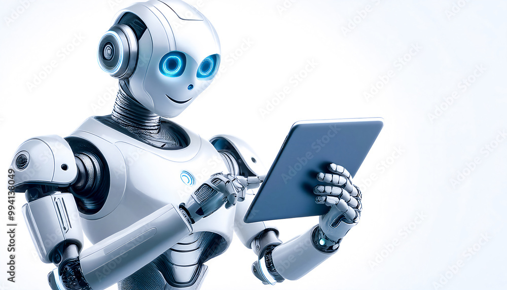 Friendly cartoon humanoid robot with artificial intelligence, uses a tablet to solve tasks on white background Friendly cartoon humanoid robot with artificial intelligence, uses a tablet to solve tasks on white background