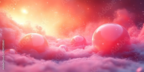 A mesmerizing abstract landscape of glistening spheres nestled in a sea of soft pink clouds, illuminated by a radiant golden light