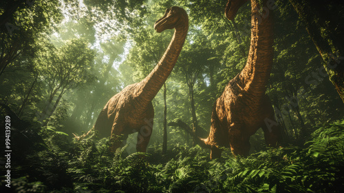 A pair of Brachiosaurus dinosaurs towering over a lush, green forest, their long necks reaching into the treetops to feed on the leaves. photo