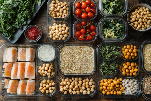 Fresh meal prep with assorted ingredients including salmon, vegetables, legumes, and sauces for healthy eating.