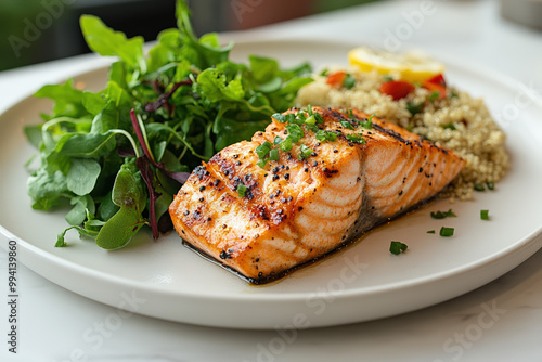 Grilled salmon fillet served with fresh salad and quinoa, a healthy and delicious meal option for food enthusiasts.