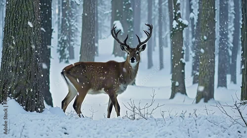 A lone deer stands in a snow covered forest during a gentle snowfall A lone deer stands in a snow covered forest during a gentle snowfall