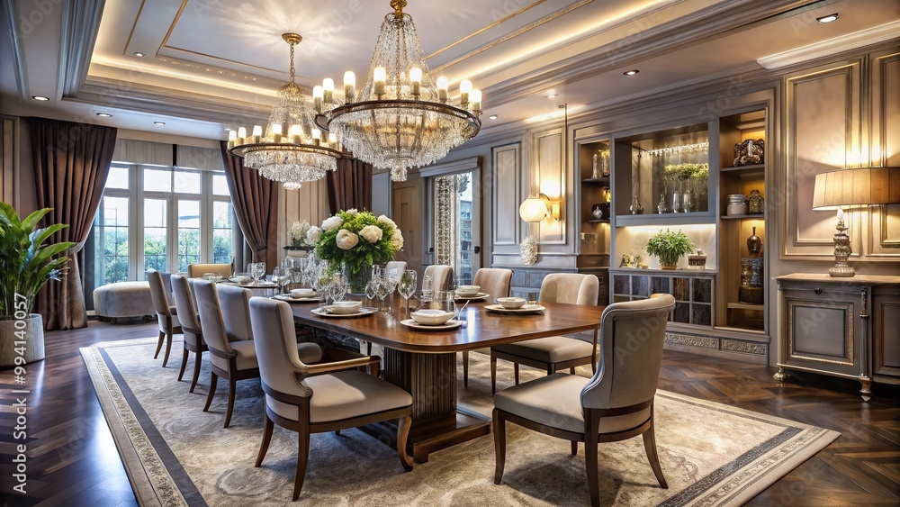 Fototapeta premium Elegant Luxury Dining Room with Modern Furnishings, Crystal Chandelier, and Fine Tableware Displayed