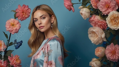 Beautiful Caucasian Woman Posing with pink flowers