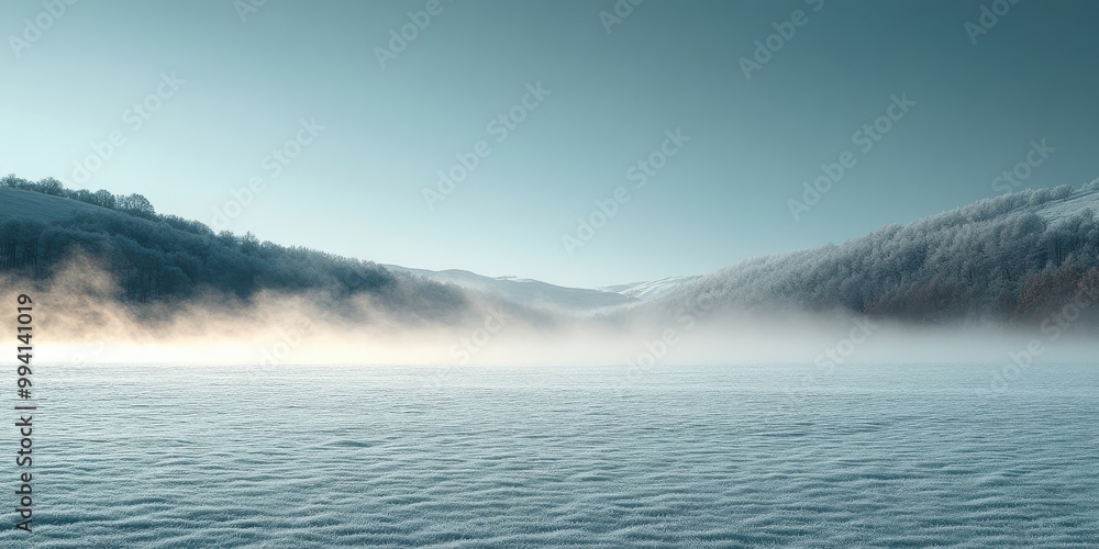 Naklejka premium A misty winter landscape with a serene snow-covered field and forested hills in the distance