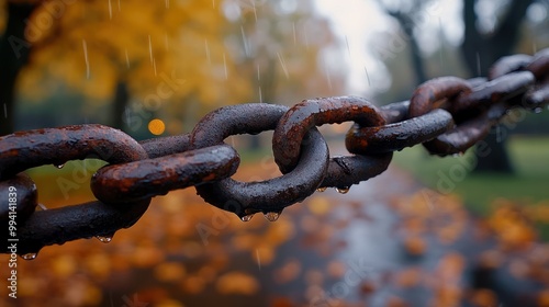 Close-up view of a weathered, rusted metal chain link with blurred autumn leaves and trees in the background on a rainy day in the park