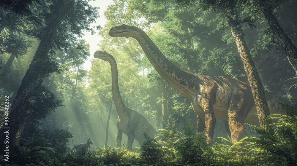 A pair of Brachiosaurus dinosaurs towering over a lush, green forest, their long necks reaching into the treetops to feed on the leaves. A pair of Brachiosaurus dinosaurs towering over a lush, green forest, their long necks reaching into the treetops to feed on the leaves.