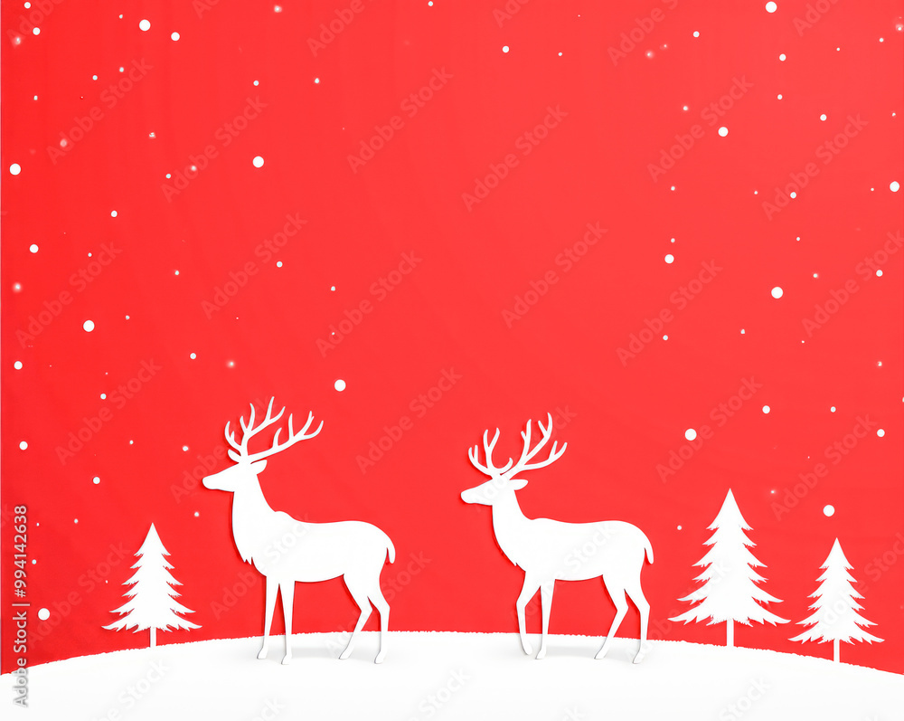 white deer and white Christmas trees on a red background with a copy space white deer and white Christmas trees on a red background with a copy space