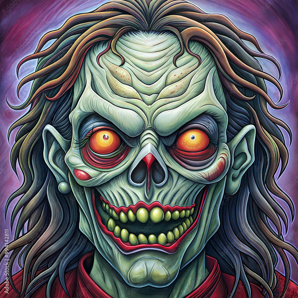 Naklejka premium A creepy looking monster with red hair and a green face. The monster has a red shirt on and is smiling