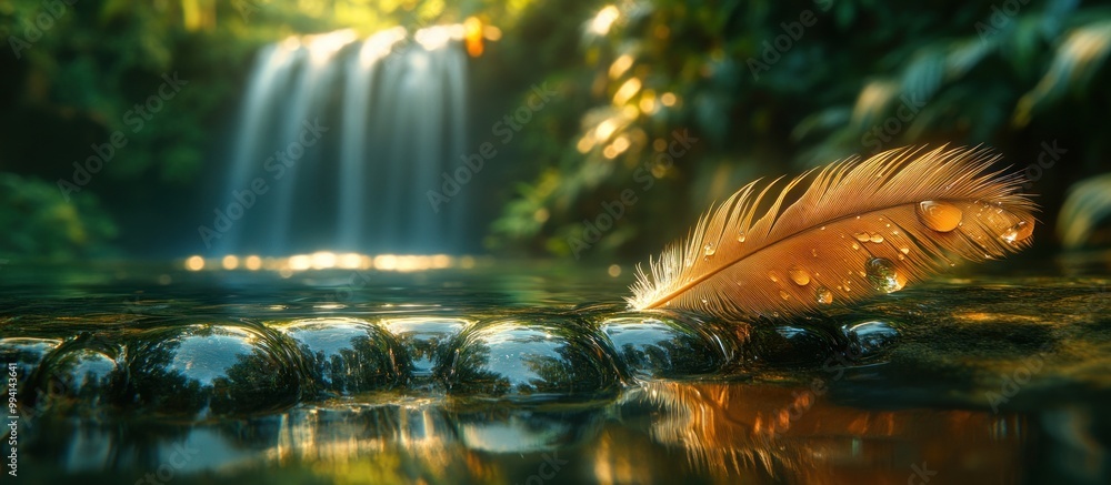Obraz premium Feather on a Rock by a Waterfall