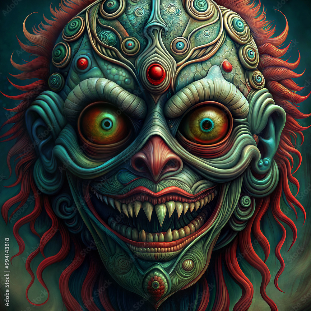 A very creepy looking monster with red hair and green eyes. The monster has a mouth full of teeth and is wearing a necklace A very creepy looking monster with red hair and green eyes. The monster has a mouth full of teeth and is wearing a necklace