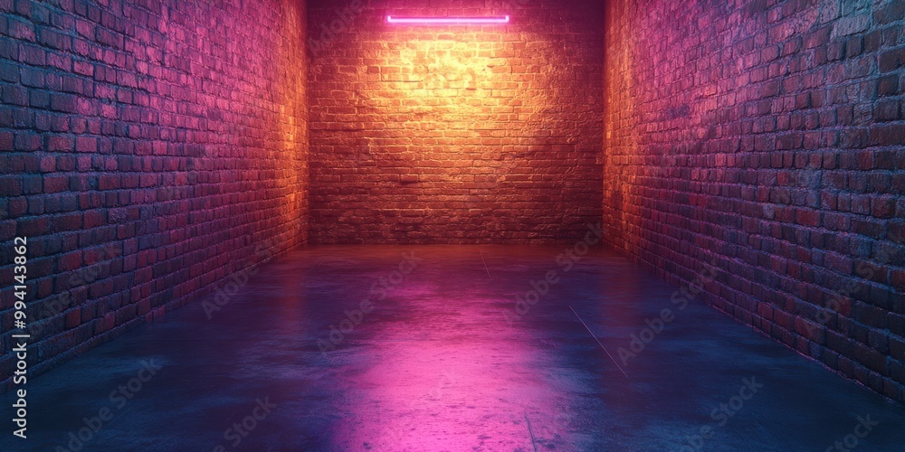 A narrow brick corridor illuminated by a single neon light casting a vibrant pink glow on the concrete floor A narrow brick corridor illuminated by a single neon light casting a vibrant pink glow on the concrete floor