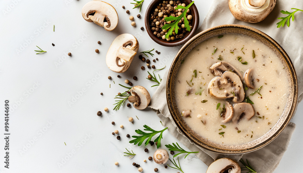 Rustic Creamy Mushroom Soup with Fresh Herbs and Pepper on White Background with Copy Space Rustic Creamy Mushroom Soup with Fresh Herbs and Pepper on White Background with Copy Space