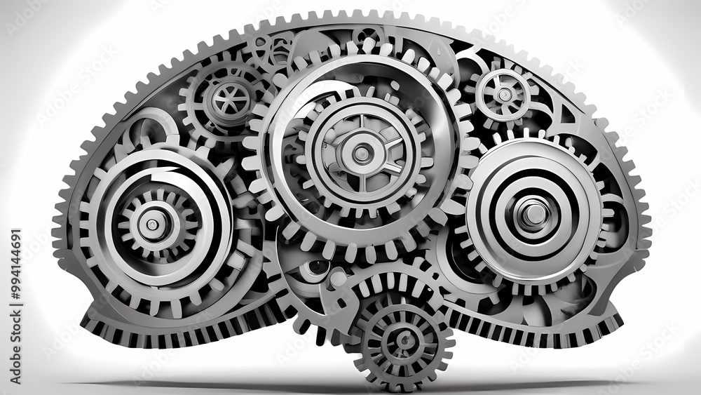 Detailed illustration of gears intricately arranged to form the shape of a human brain Detailed illustration of gears intricately arranged to form the shape of a human brain