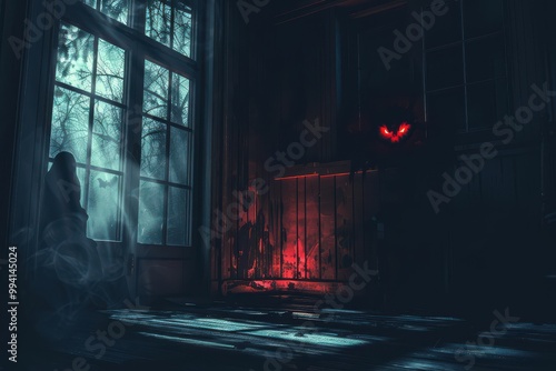 Spooky attic with red-eyed creature lurking near a window, casting an eerie shadow.