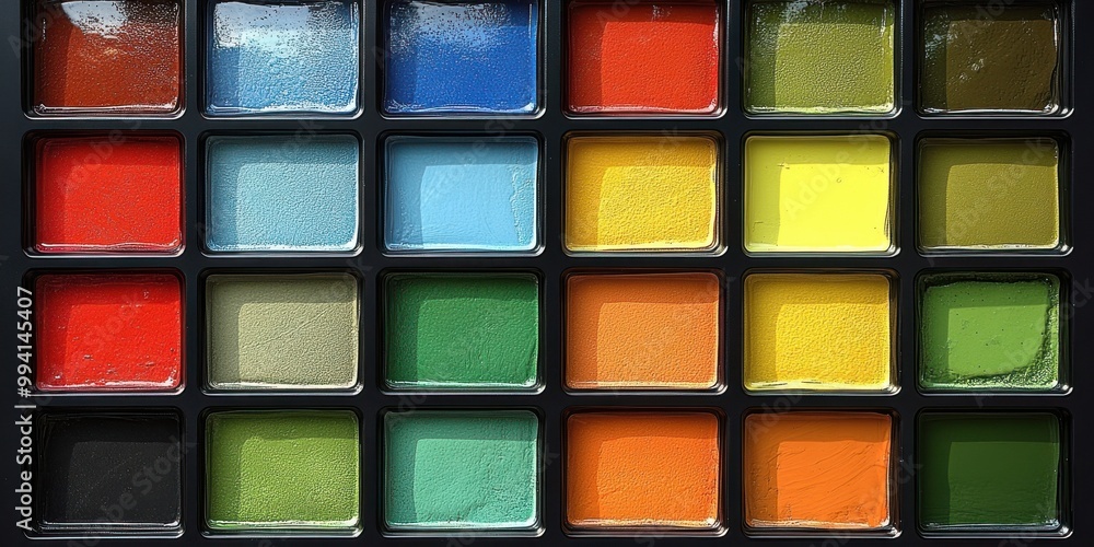 A Palette of Vibrant Hues, Arranged in a Grid of Rectangular Compartments, Each Filled with a Distinct Color, Displaying a Spectrum of Shades and Textures A Palette of Vibrant Hues, Arranged in a Grid of Rectangular Compartments, Each Filled with a Distinct Color, Displaying a Spectrum of Shades and Textures