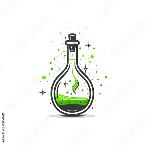 Graphic illustration of a potion bottle with green liquid and sparkles in a whimsical style