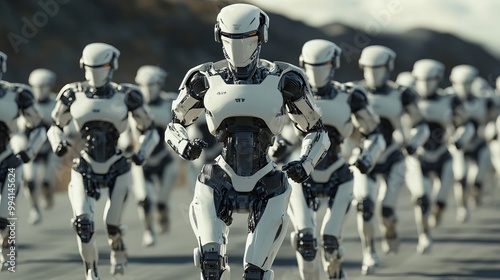 army of white android robot soldiers marching, concept of modern warfare and futuristic troops