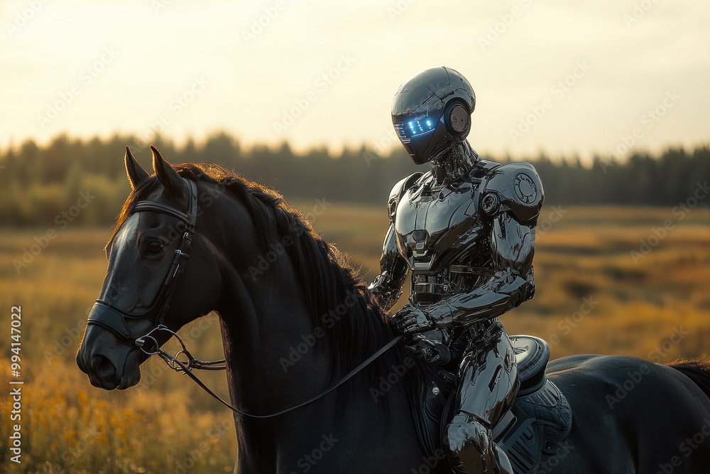Obraz premium Robot riding a horse in a serene countryside at sunset