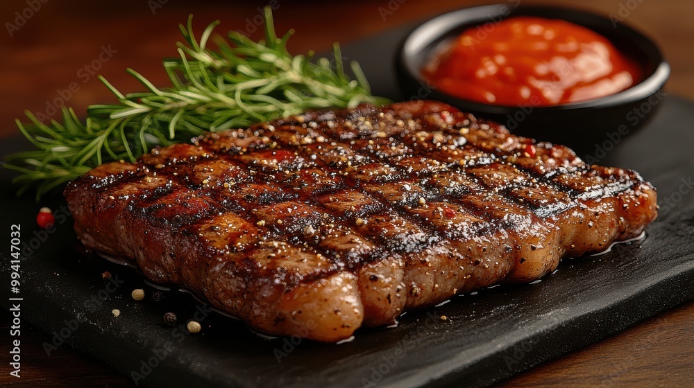 A perfectly grilled steak with rosemary garnish, resting on a black slate board, glistening with juices and seasoned with peppercorns A perfectly grilled steak with rosemary garnish, resting on a black slate board, glistening with juices and seasoned with peppercorns