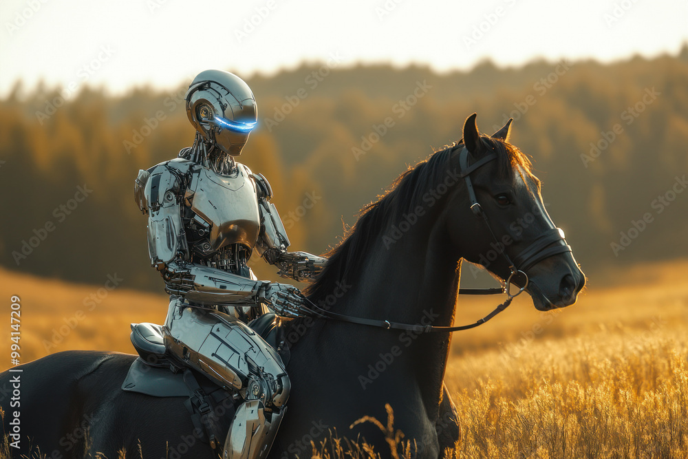 Obraz premium Futuristic robot riding horse in a golden wheat field.