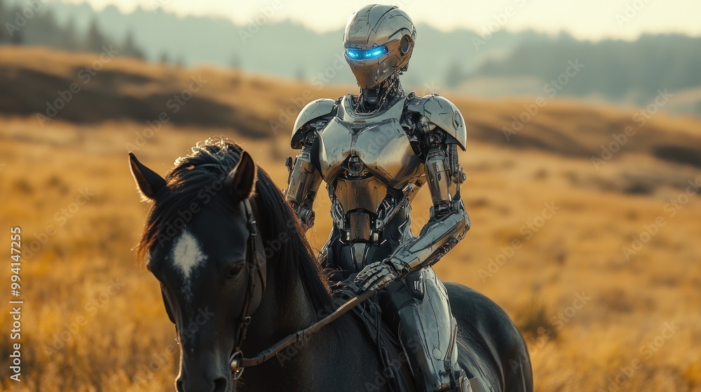 Obraz premium Metallic robot horse rider in a golden field scene.