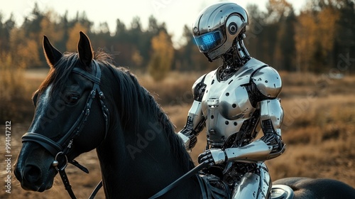 High-tech robot riding a horse in a field scene.