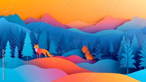 Paper cutout art, depicting a beautiful scenic landscape with an orange fox in a deep forest, and a river flowing down the hillside