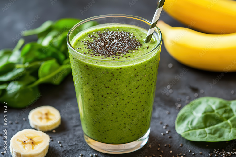 Refreshing green smoothie made with spinach, banana, and chia seeds, perfect for a healthy boost. Refreshing green smoothie made with spinach, banana, and chia seeds, perfect for a healthy boost.