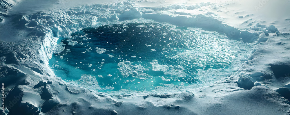 Fototapeta premium Aerial View of a Pristine Glacial Pool Surrounded by Snow and Ice