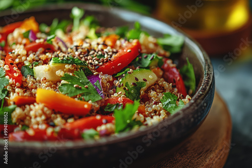 Vibrant quinoa salad loaded with fresh vegetables and herbs, perfect for a healthy meal or side dish. photo