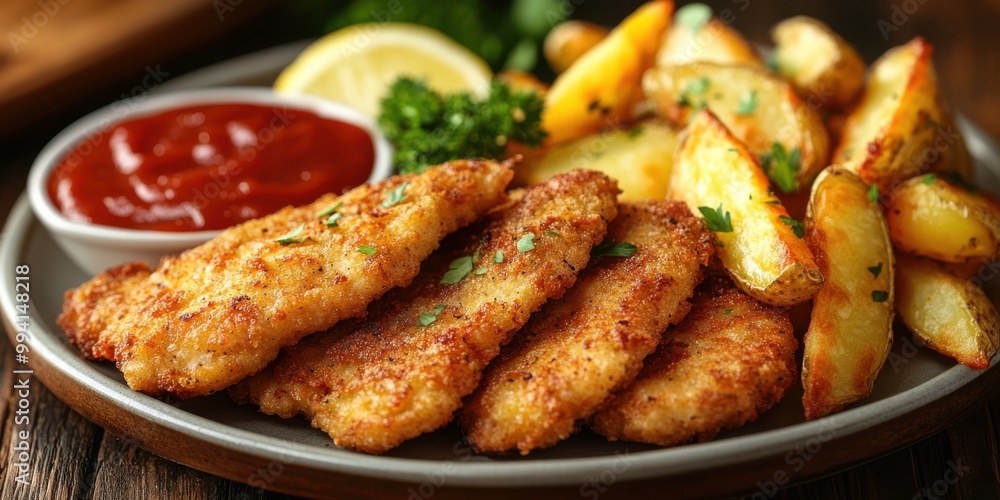 A plate of crispy breaded cutlets served with golden brown potato wedges and a side of tangy tomato sauce A plate of crispy breaded cutlets served with golden brown potato wedges and a side of tangy tomato sauce